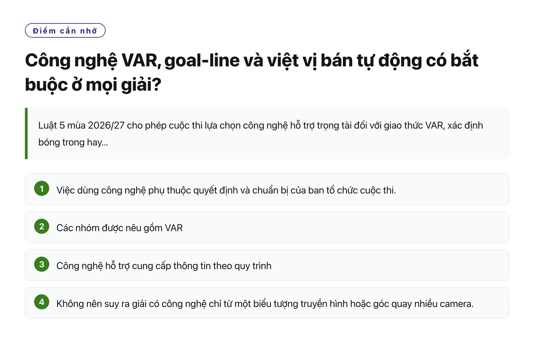 Công nghệ VAR, goal-line và việt vị bán tự động có bắt buộc ở mọi giải?——全文要点速览