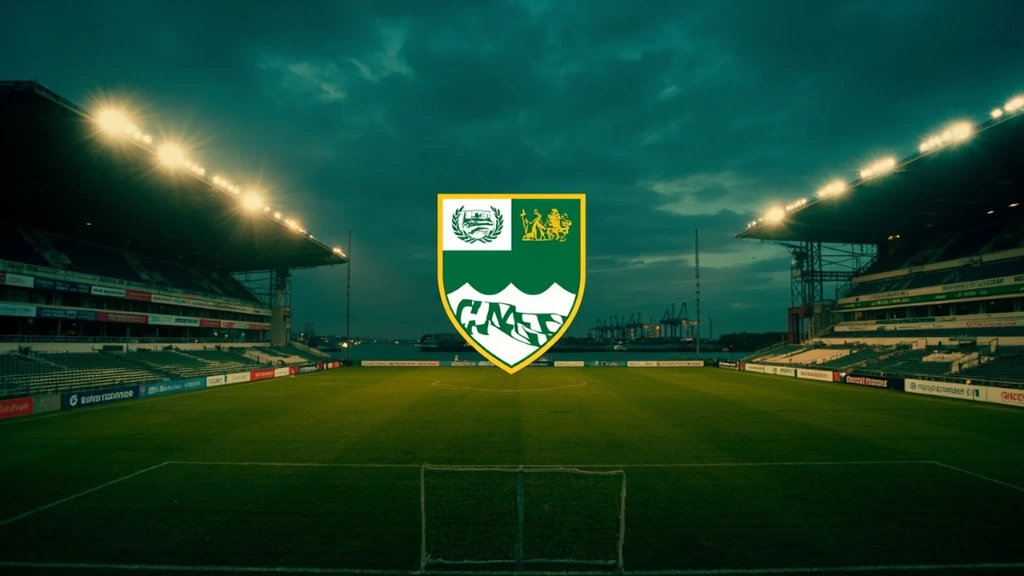 Greenwood Stadium floodlit at dusk with the estuary visible beyond the East Stand